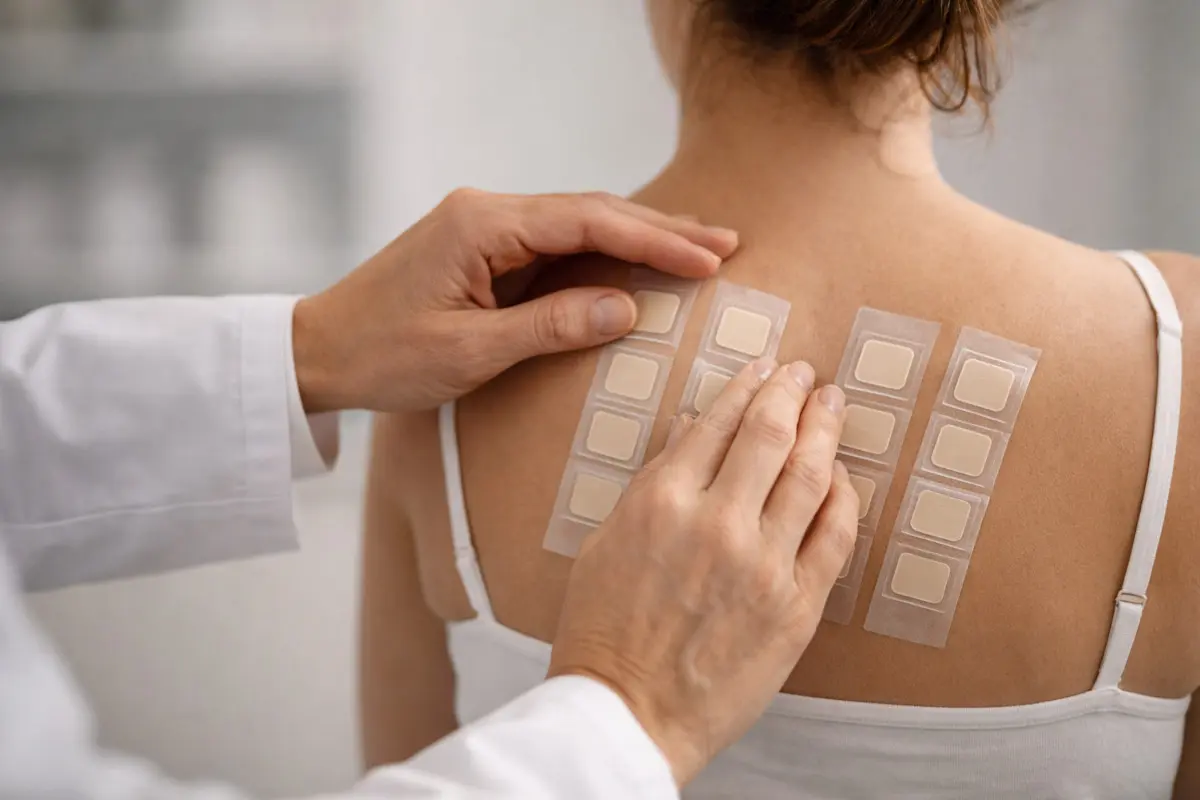Applicazione patch test sulla schiena per diagnosi dermatite allergica da contatto — studio Roma